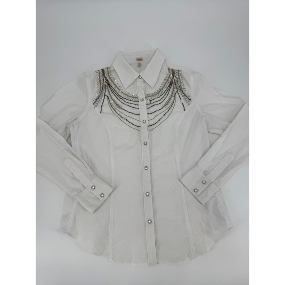 Y2K Reba Western Shirt Womens‎ Medium White Rhinestone Chain Cotton Pearl Snap
